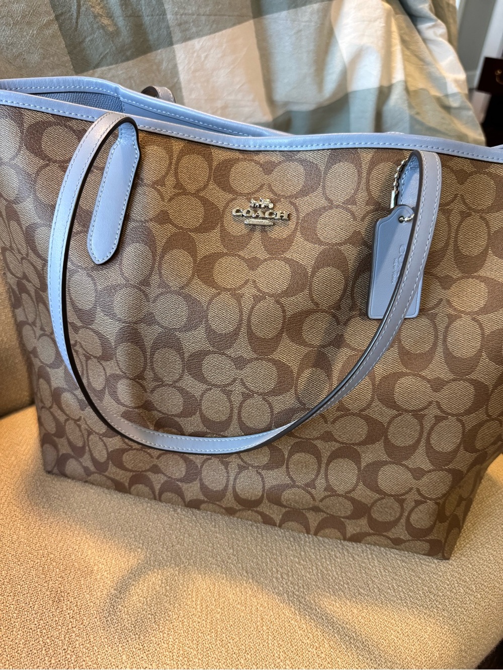 Coach Brown Signature Canvas Tote with Light Blue Trim